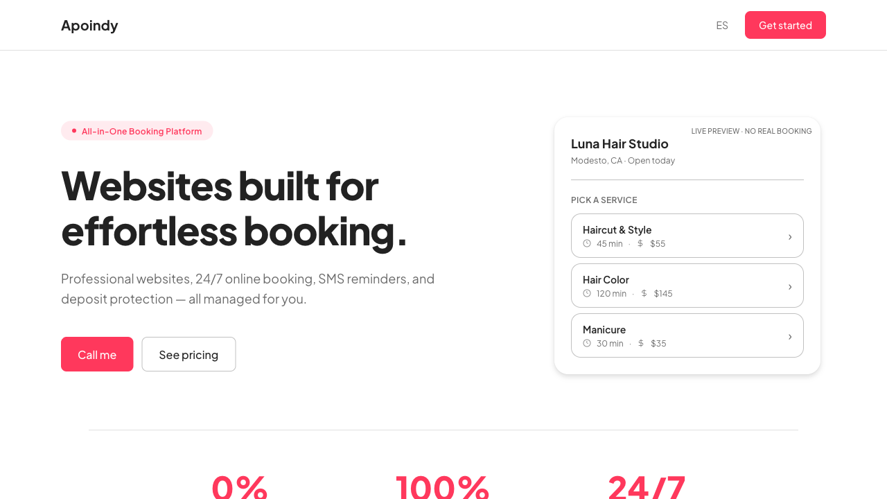 Apoindy — booking platform for local salons, screenshot of homepage